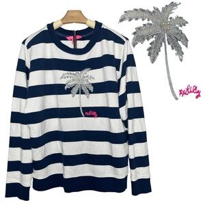 Lilly Pulitzer | Navy White Stripe Ballad Sweatshirt Sequined Palm Tree Beachy